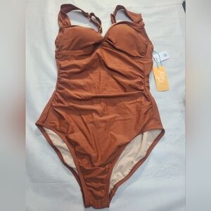 Women's Twist-Front Shirred Full Coverage One Piece Swimsuit Kona Sol Brown M